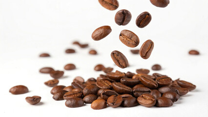 Obraz premium Freshly Roasted Coffee Beans Falling Over A Pile On White Background
