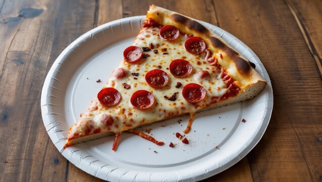Slice of pizza on a paper plate