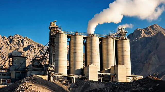 Large cement silos release plumes of smoke against a backdrop of majestic mountains and blue sky