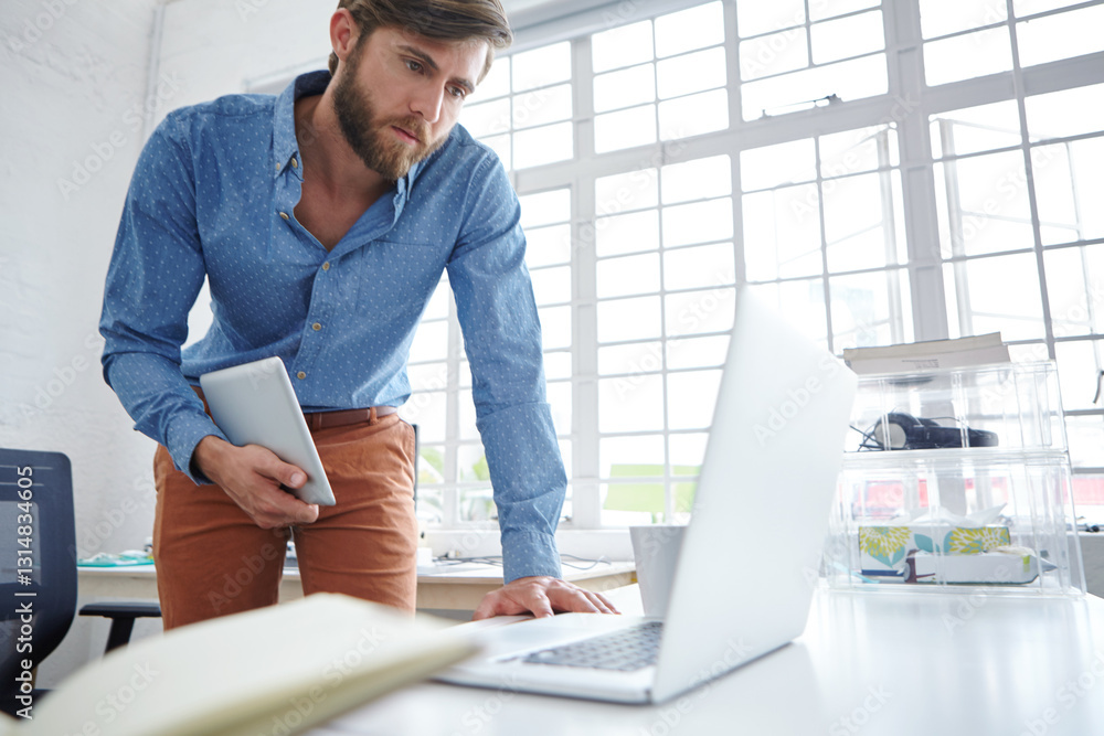 Poster businessman, web designer and reading with laptop in office, software error or glitch for informatio