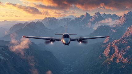 Majestic Mountain Flight: A Private Plane Soaring Above the Alps at Sunset