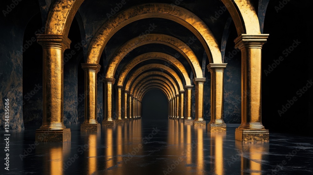 Poster golden columns and arches create a perspective down a dark hall