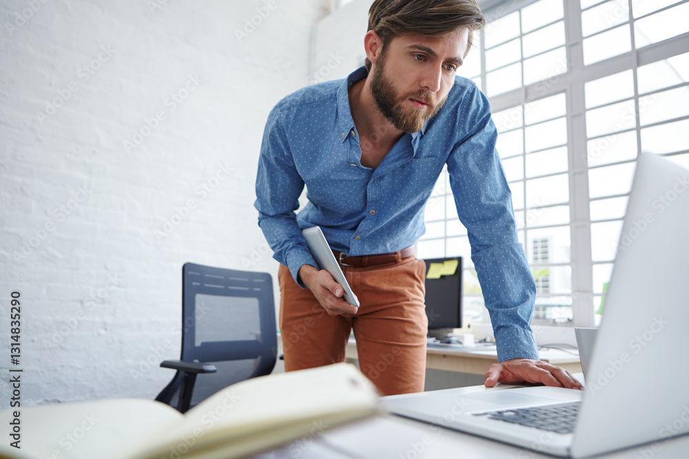 Poster office, businessman and web designer with laptop for reading, software error or glitch for informati