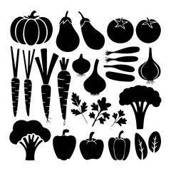 A collection of black silhouette icons featuring various vegetables and herbs, including pumpkins, onions, tomatoes, eggplants, carrots, broccoli, peppers, and leafy greens.