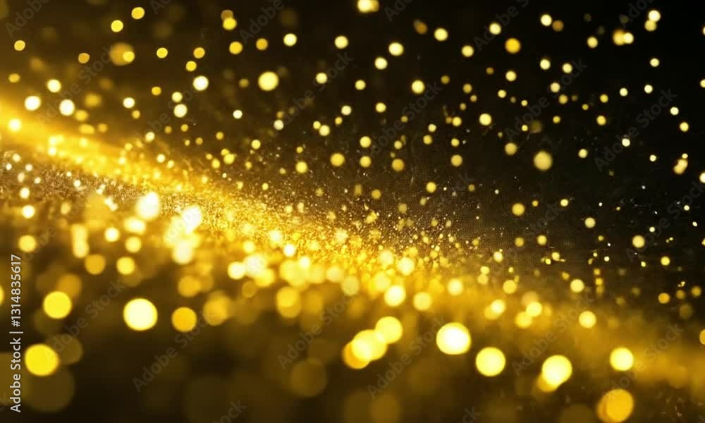 Poster golden sparkling dust particles shining and floating in dark space, glowing effect, dynamic festive 
