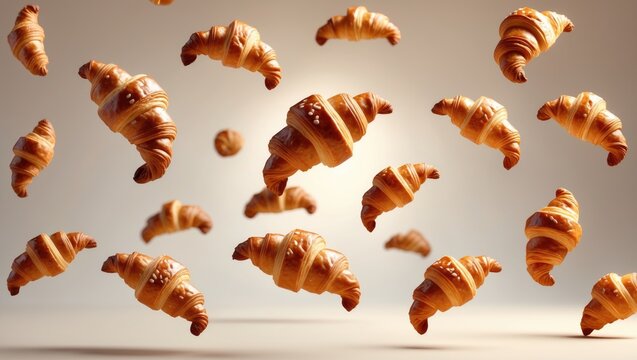 Freshly baked croissants floating or soaring. A collection of numerous croissants from various positions and angles flying in the air isolated on a background. Space available for text. Signboard m...