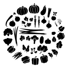 A collection of black silhouette icons featuring various vegetables and herbs, including pumpkins, onions, tomatoes, eggplants, carrots, broccoli, peppers, and leafy greens.