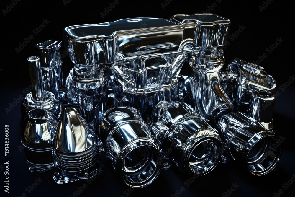 Poster chrome-plated engine components, meticulously arranged, showcasing intricate details and reflecting 