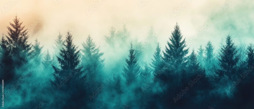 Poster ethereal forest landscape with mist shrouded trees in a teal and beige color palette creating a sere