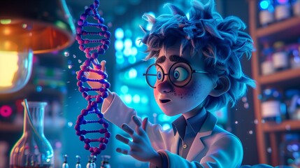 A young scientist examines a colorful DNA model in a vibrant lab filled with scientific equipment.