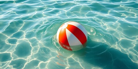 A vibrant red and white beach ball floats gently on the surface of a calm, aqua-colored body of water, sunlight shimmering through the translucent waves.