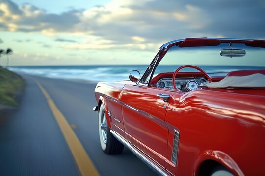 Fototapeta A classic red convertible Mustang cruises along a scenic coastal highway, enjoying a breathtaking sunset.