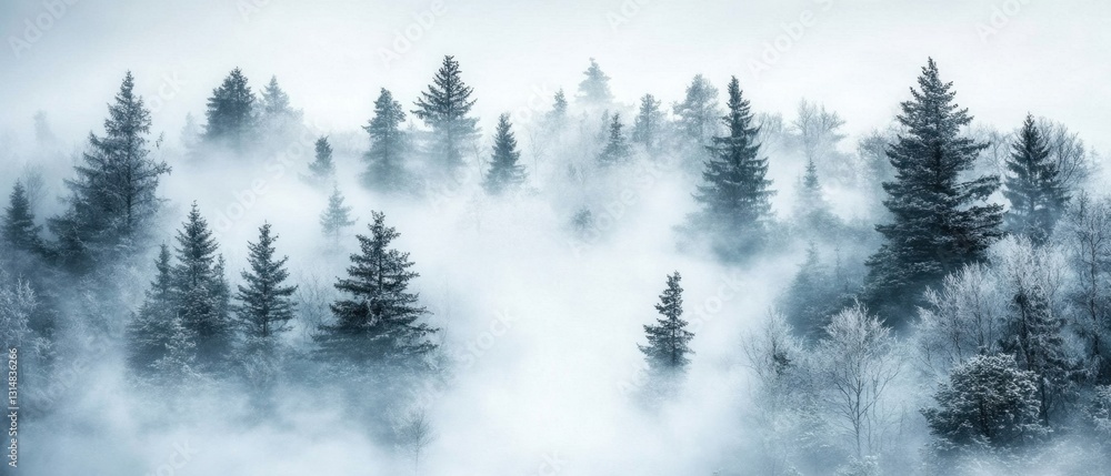 Poster ethereal winter landscape with frosted trees emerging from a dense fog creating a serene and mysteri