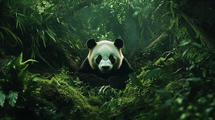 Giant panda sitting amidst lush green foliage, showcasing its serene presence in a natural habitat symbolizing wildlife conservation and environmental awareness