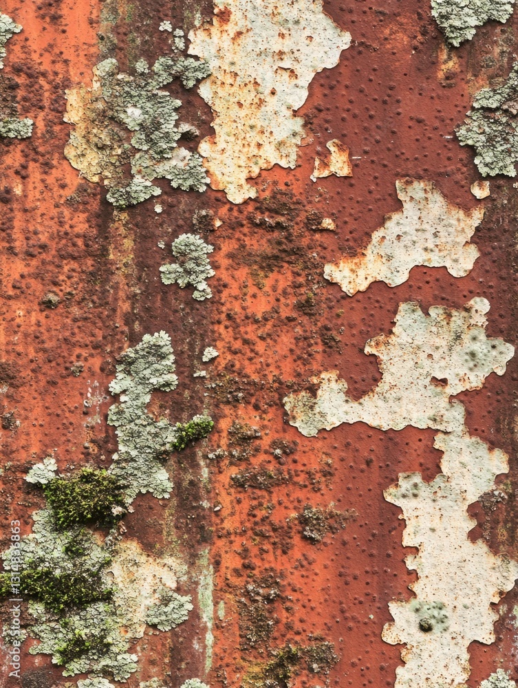 Poster close up of weathered metal surface with peeling paint and moss creating a rustic and textured backg