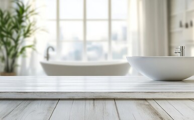 Modern Bathroom Interior with Elegant Sink and Bathtub Set Against Bright Window with Soft Drapes and Indoor Plant in Contemporary Design