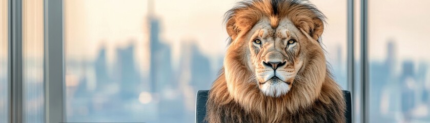 Fototapeta premium A majestic lion sits confidently in an office setting, overlooking a city skyline, blending the wild with the urban environment.