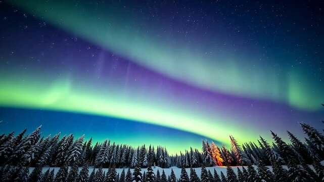 Aurora Borealis over a snow-covered forest in Arctic Circle, a mesmerizing spectacle of nature's light show.