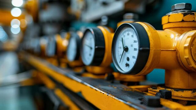 Yellow industrial gauge measuring gas pipeline pressure, displaying analog flow metrics in pressurized energy resource system