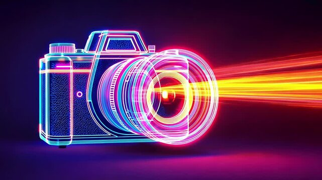 Neon light camera is flashing and shooting light beams in a dark studio