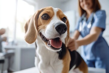 A caring and dedicated veterinarian smiling while attending to a happy and playful Beagle in a modern, wellequipped clinic designed for pet comfort and safety, ensuring excellent animal care