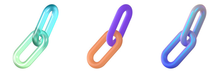 Set of colorful chain links with glossy reflections in blue, green, purple, and orange tones, isolated, 3d render shape, png