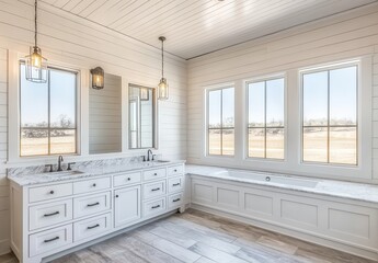 Modern bathroom interior with large windows, white cabinetry, marble countertops, farmhouse style, and natural light shining through