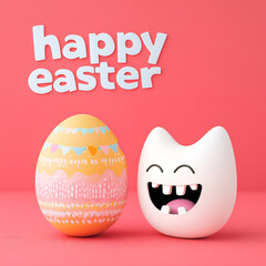 happy easter card with egg and cute teeth character; postcard from dentist or orthodontist, funny out of office message