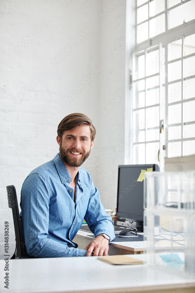 Poster man, portrait and computer for professional administration in office, company website and digital fi