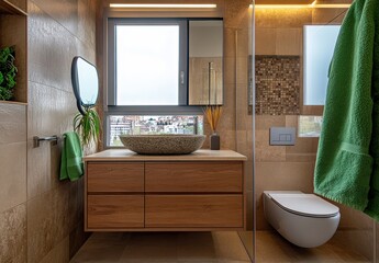 Modern Bathroom Interior with Natural Elements, Elegantly Designed Vanity and Minimalistic Decor, Showcasing Soft Lighting and a View of the City