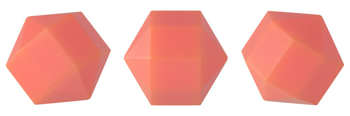 Set of soft coral hexagonal shapes with smooth matte texture, isolated, 3d render shape, png