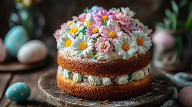 Vibrant cake adorned with delicate flowers and pastel-colored eggs rests on a rustic wooden surface, embodying the spirit of spring celebrations and festive gatherings