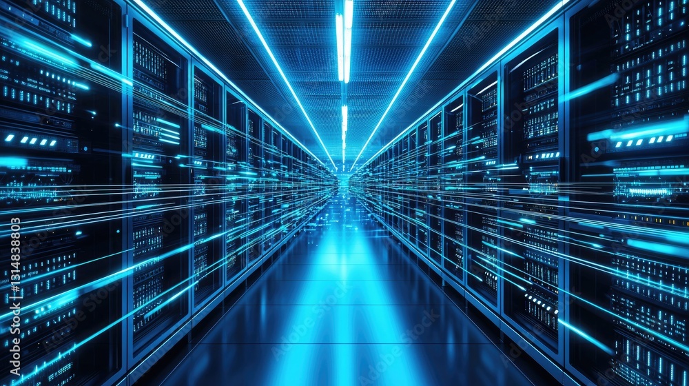 Aufkleber a futuristic data center with glowing blue lights and high-speed data flow, symbolizing advanced tec