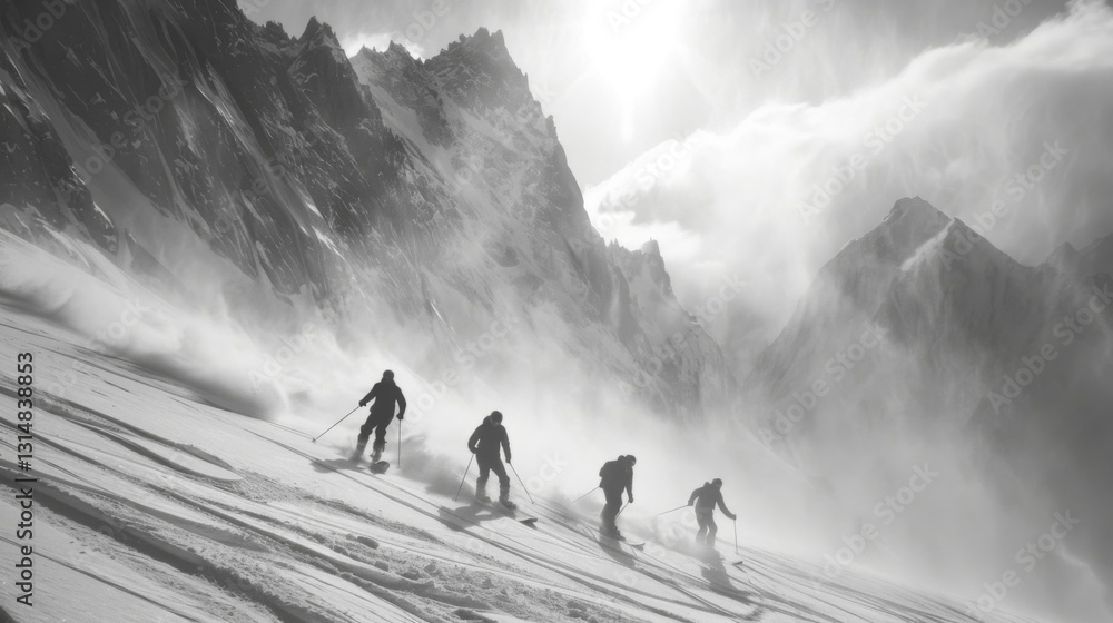 Poster a group of four skiers makes their way through deep snow while mountain peaks rise sharply in the ba