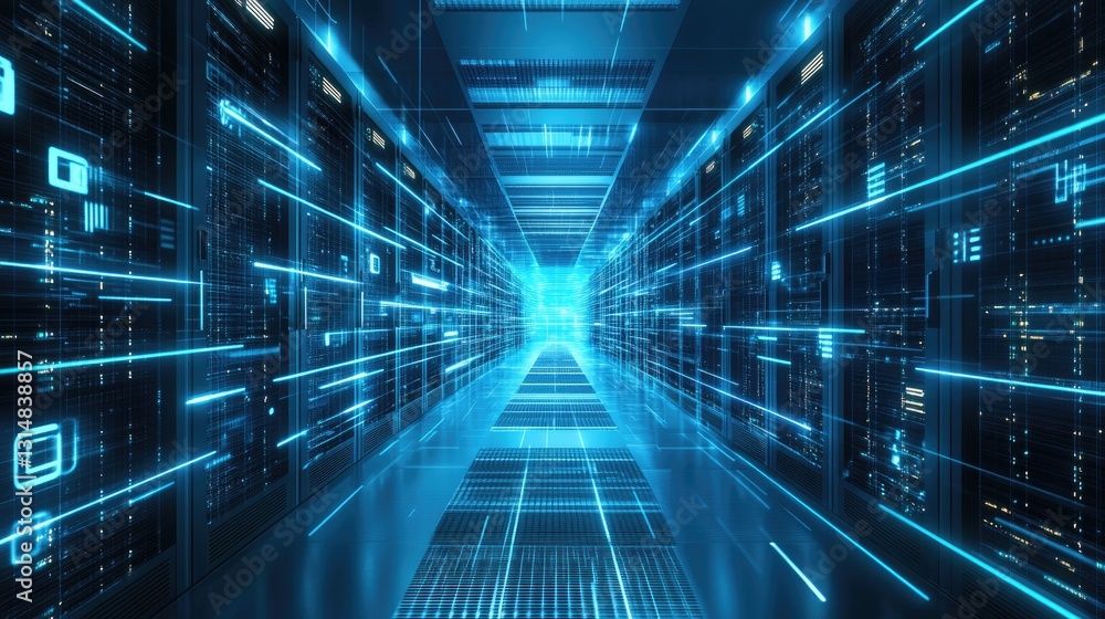 Aufkleber a futuristic data center with glowing blue lights and high-speed connections, symbolizing ai, cloud 