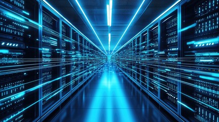 Fototapeta premium A futuristic data center with glowing blue lights and high-speed data flow, symbolizing advanced technology, cloud computing, and cybersecurity. Ideal for tech concepts, AI, and IT infrastructure
