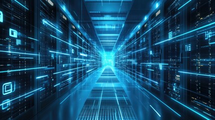 Fototapeta premium A futuristic data center with glowing blue lights and high-speed connections, symbolizing AI, cloud computing, and cybersecurity. Ideal for tech and IT concepts