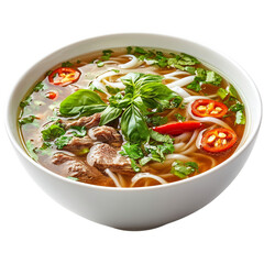 A Bowl of Vietnamese Pho or Chicken Noodle Soup Isolated on Transparent Background