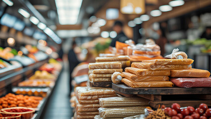 Fototapeta premium Fresh Market Display with Fruits, Vegetables, and Food Wrapsม General AI