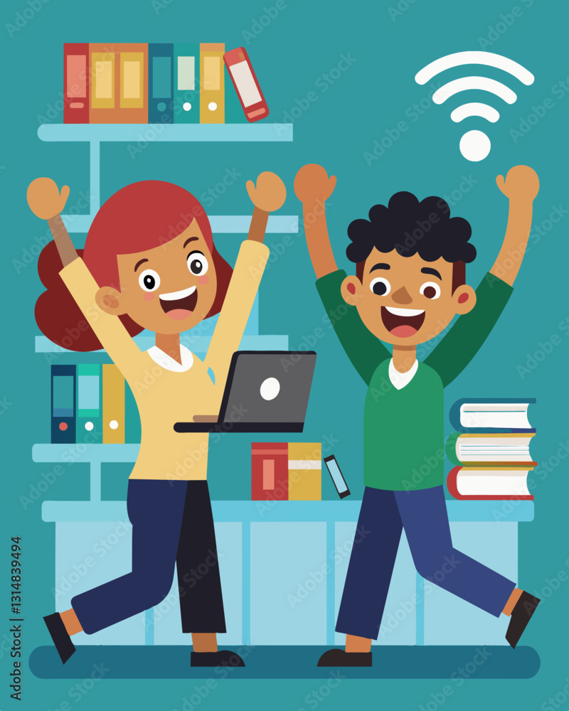 Poster two friends attending a workshop on iot at their local library eager to expand their knowledge on th