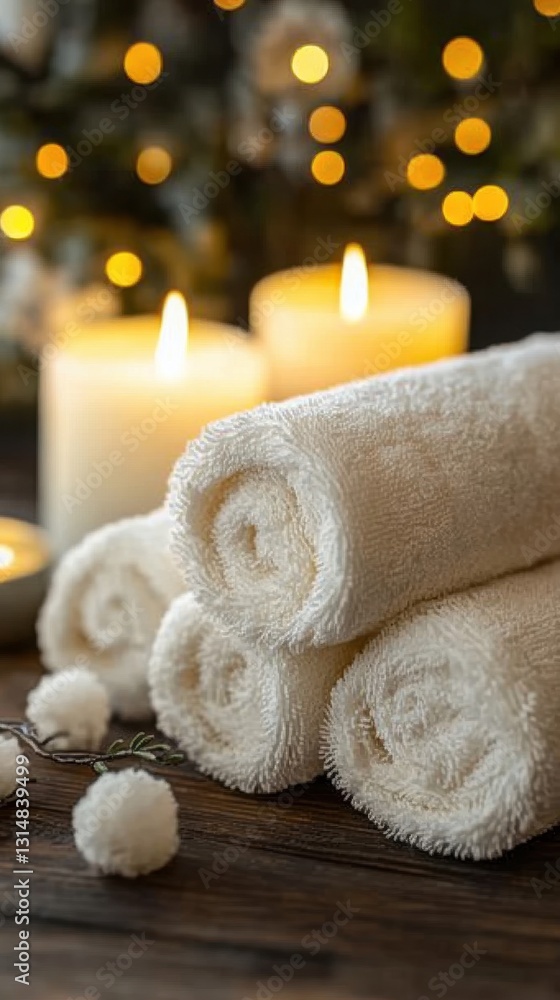 Poster serene spa ambiance with soft rolled towels and glowing candles on rustic wooden surface creating a 