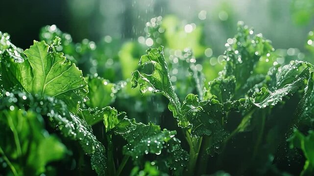Refreshing Rain on Lush Green Kale Leaves