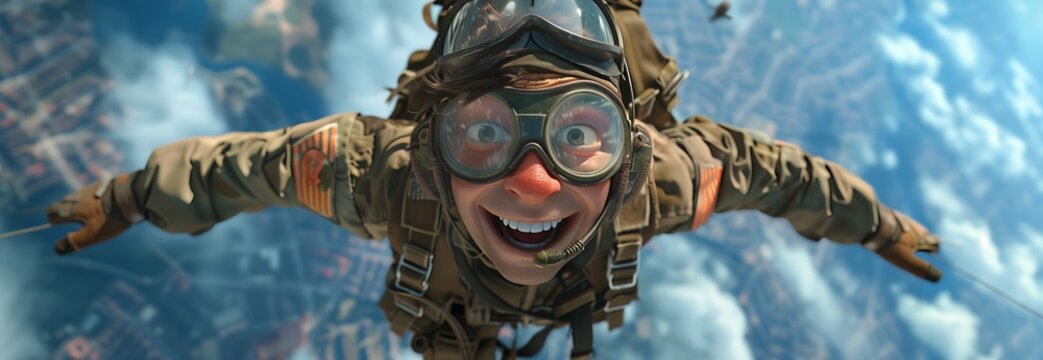 An adventurous skydiver enjoys the thrill of freefall, smiling amidst a breathtaking clouds and landscape.