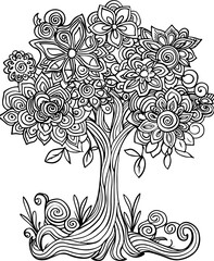 magical flower tree, coloring page, flower, floral, pattern, vector, design, leaf, illustration, nature, art, decoration, vintage, ornament, element, plant, swirl, summer, card, frame, spring, wallpap