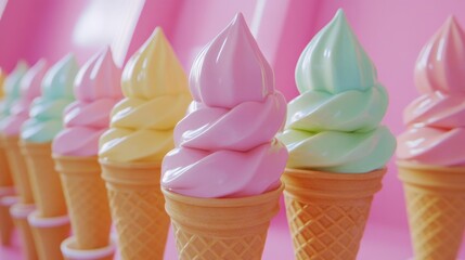 Pastel Ice Cream Cones in a Row on Pink Background Sweet Summer Treats Delicious Dessert Food Photography Close Up Shot Soft Light and Airy Composition