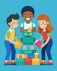Obraz premium Several elementary students collaborate using teamwork and problemsolving skills to build a simple functioning robot out of recycled materials.. Vector illustration
