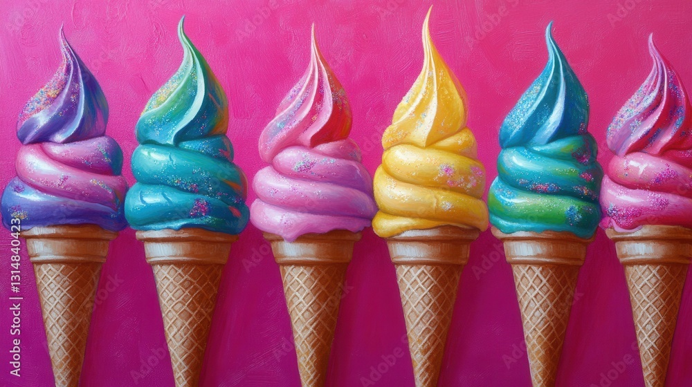 Poster whimsical row of colorful ice cream cones against a vibrant pink backdrop creating a sweet and joyfu