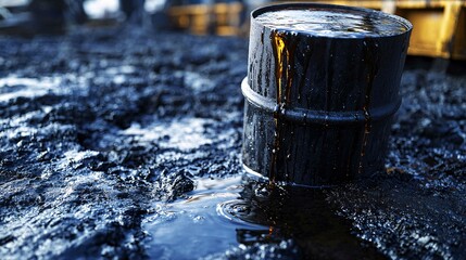 close-up shot of a dripping oil barrel, showcasing crude oil flowing out onto the ground. The focus is on the texture and glossy surface of the oil, symbolizing the importance and value of natural 