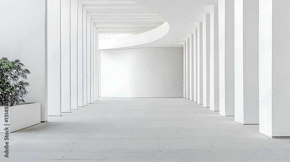 Aufkleber modern minimalist white interior architecture with curved walls and pillars in an empty hallway with