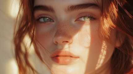 Close-up of a woman’s face with a bittersweet smile, eyes glistening between sadness and acceptance, captured in soft, warm light.